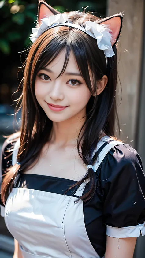 ((highest quality、Masterpiece、High resolution))、(((A shy smile、Zoom photo of upper body)))、(semen、Wet body、Wet Hair)、15 years old、Large Breasts、Cat ears headband、Black maid outfit、City of night、rain、Black Hair、Wavy Hair