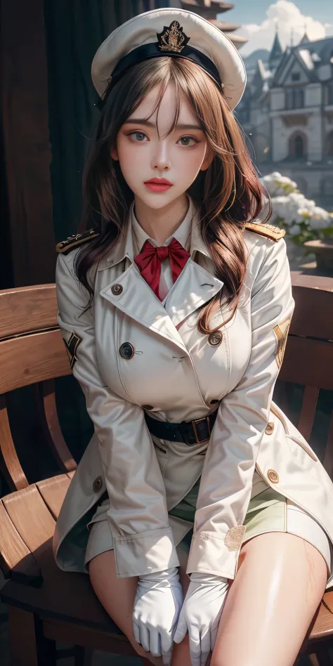 Very detailed CG, 1 girl, red face, slightly open lips, wet body, plump and symmetrical breasts, raised buttocks, long white trench coat, two-breasted buttons, buttoned well, white military cap, white gloves, white boots, green wavy curls, leather whip, ch...