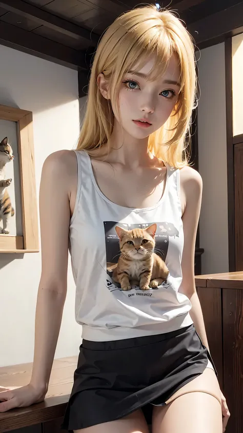 Masterpiece, best quality, super fine, 16k, medium hair, blonde color hair, A tank top and short skirt with a cat illustration on it.,