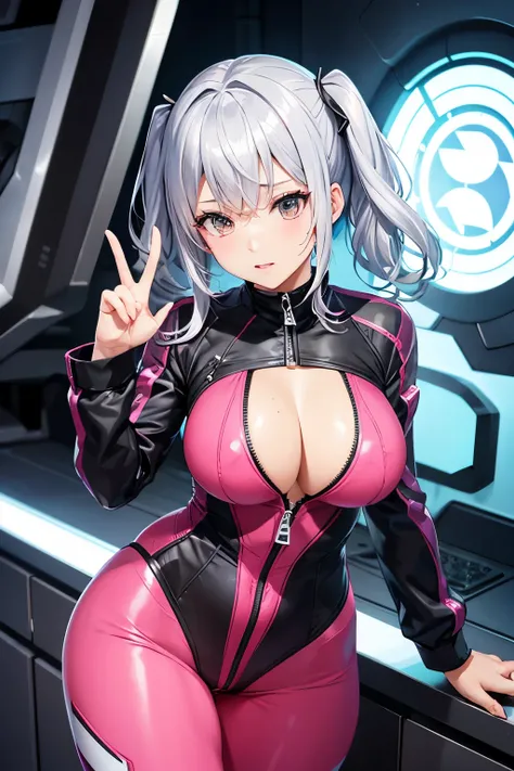 （（（highest quality、first-clasasterpiece、Normal body、8k、Detailed face、Ultra-precision、Normal hand、Normal finger、５Finger、）））Brightly colored hair、Silver Hair、Shortcuts、A tight, revealing pilot suit、Thin leotard pilot suit、See-through high-cut pilot suit、Naug...