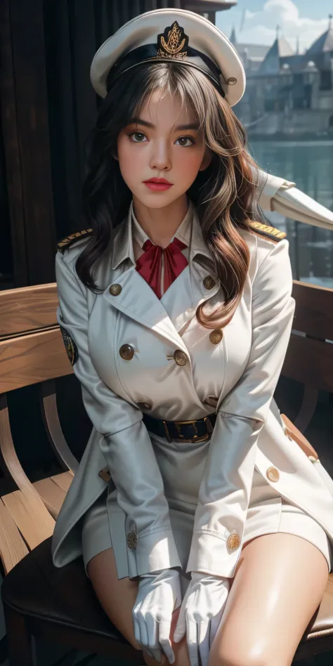 Very detailed CG, 1 girl, red face, slightly open lips, wet body, plump and symmetrical breasts, raised buttocks, long white trench coat, two-breasted buttons, buttoned well, white military cap, white gloves, white boots, green wavy curls, leather whip, ch...