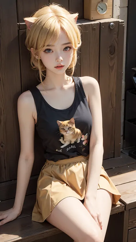 Masterpiece, best quality, super fine, 16k, medium hair, blonde color hair, A tank top and short skirt with a cat illustration on it.,