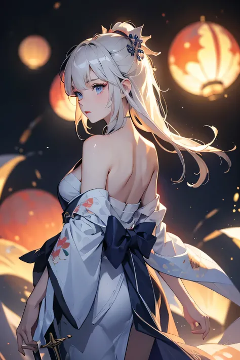 (masterpiece, best quality, dutch angle)(1girl, solo)(white hair,Lapis Lazuli Eyes,Straight long hair)(sarashi,japanese clothes,one shoulder、Wear one kimono:1.4、Black long kimono、One shoulder exposed)(Serious expression, Woman holding a sword:1.3、floating ...