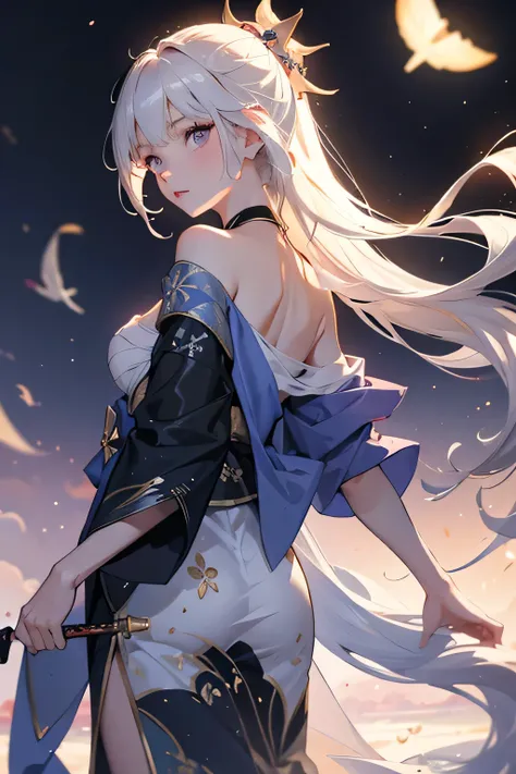 (masterpiece, best quality, dutch angle)(1girl, solo)(white hair,Lapis Lazuli Eyes,Straight long hair)(sarashi,japanese clothes,one shoulder、Wear one kimono:1.4、Black long kimono、One shoulder exposed、Butt)(Serious expression, Woman holding a sword:1.3、floa...