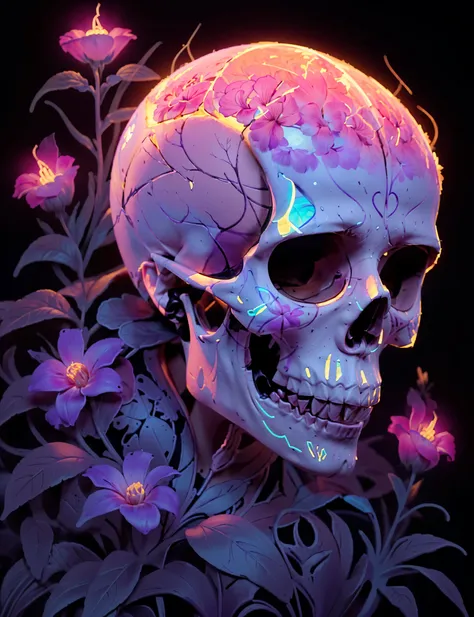 a close up of a skull with flowers in the background, jen bartel, by ryan yee, fantasy skull, beeple and james jean, over detail...