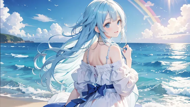 Background is ocean and rainbow、The music score beautifully traces the rainbow。A musical score is displayed in the background.。The girl is smiling