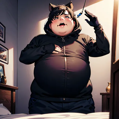 obese men，ugly、black hair，black pigｓｍbondage costume with whip、bedroom,illustration anime style，dark 4k, hyper hd, masterpiece