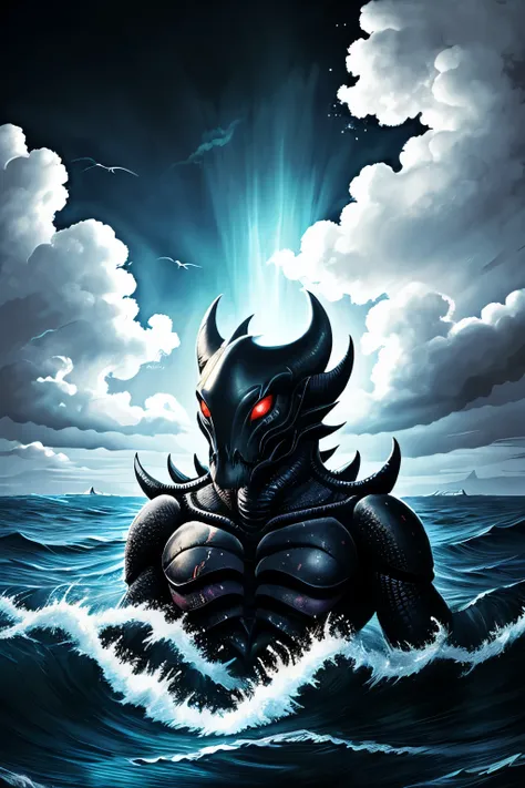 aquatic monster, humanoid, biped, scails, black scails, black skin, black monster, red eyes, white bones face, cloud sky, master...