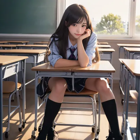 girl sitting on a desk in a classroom with her hand on her chin, beautiful high high school girl, a hyperリアルなhigh school girl, hyperリアルなhigh school girl,  Soft lighting, リアルなhigh school girl, seductive  girl, cute , high school girl, visual of a cute girl,...