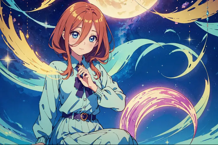 official art, unified 8k wallpaper, Super detailed, beautiful and Aesthetic, high quality, masterpiece, best quality, (tangled, mandala, tangled, twist: 0.6), 1 female,  Miku nakano, blue eyes,  fluffy brown red hair, nakano_miku, sparkling eyes, perfect f...
