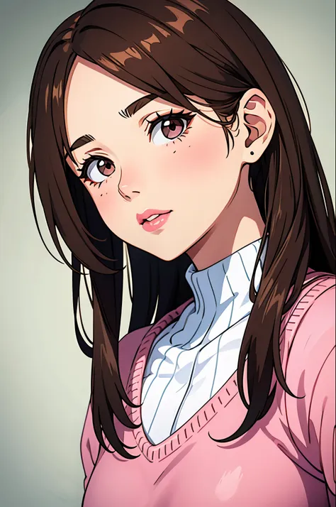 girl, long straight brown hair, gray eyes, soft sharp features, white skin, pink lips, red sweater.