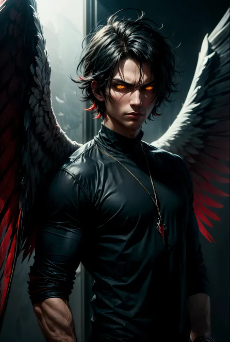 man with messy hair, black and blue in color, wearing casual clothes, with yellow eyes, black aura, evil look, ((1 red evil wing...