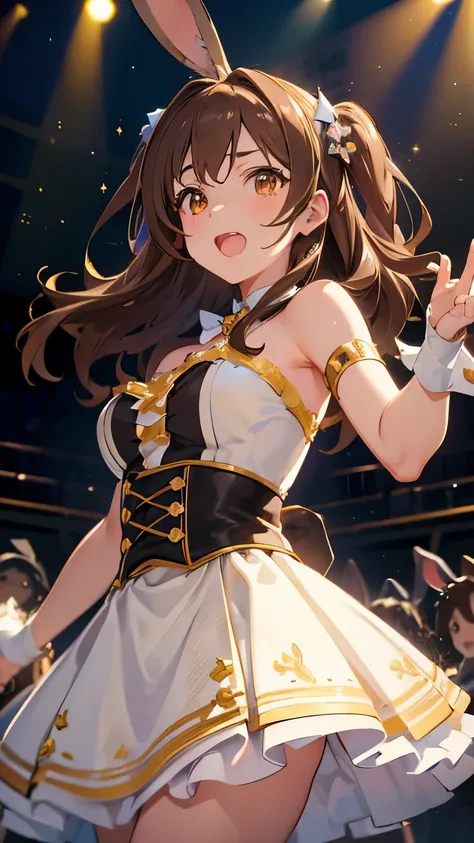 (brown hair), hair one side up, from below, ((rabbit ears)), (((masterpiece))), ((textured skin)), (((high details))), highres, cute, lovely, super idol, dance, concert, intercom type microphone, glowing sweat, concert costume, THE IDOLM@STER CINDERELLA GI...