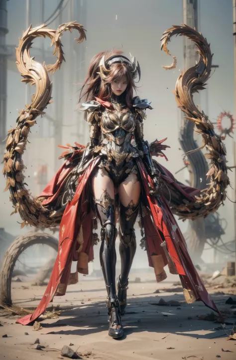 (top-quality:1.2, masterpiece)、ultra high resolution、extremely ultra surrealism, (Photorealsitic:1.4)、Raw photo、(Steampunk Battle Cyborg fallen angel)、(large mechanical bat wings)、black porcelain body、red  hair、glowy skin、1 Cyborg girl、(mechanical frame:1....