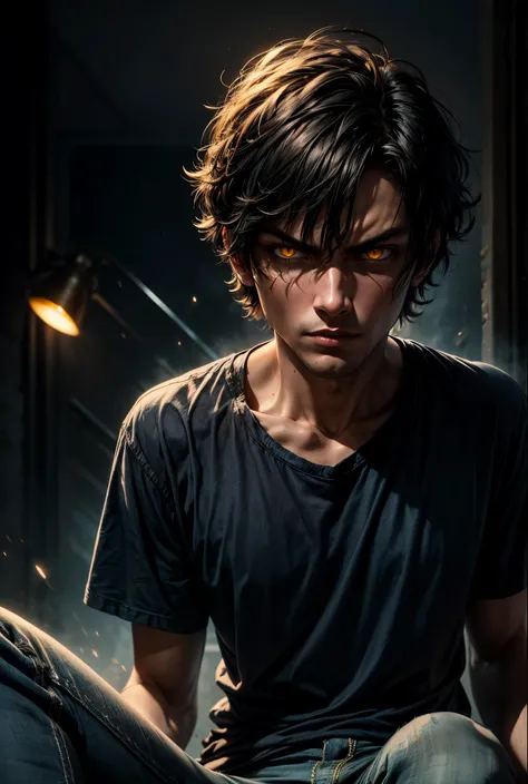 guy, male, with ((messy short hair)), wearing blue loose t-shirt and jeans, with yellow eyes, black aura, evil look