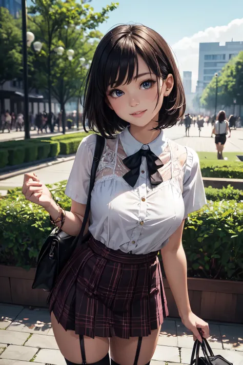 very cute and beautiful girl,(highly detailed beautiful face and eyes),
standing,park garden,white blouse,short sleeve,pleated plaid mini suspender skirt,detailed legs,
(smile),looking at viewer,holding bag,black hair,
(best quality,masterpiece),absurdres,...