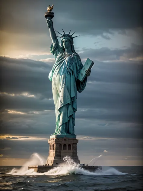 (lady-liberty), the liberty statue in pieces outdoor in the sea. the statue has fallen and lies in pieces. the head emerges from...