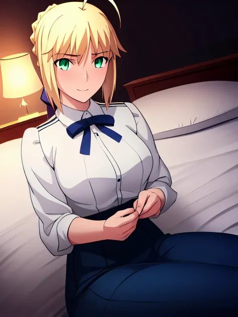 Best_quality, masterpiece, highres, detailed, detailed_background, ray_tracing_graphic, solo, adult_female, {saber_fatestaynightufotable:1.15}, blonde_hair, little_ahoge, detailed_green_eyes, blue_ribbon, 1girl, anime_coloring, detailed_face, happy_face, f...