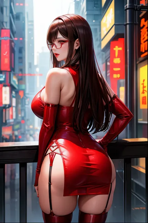 Taiwanese Idol　Mature Woman　Brown hair with bangs　Rimless glasses　Turn around with your back　Bright red rouge lips　Big Breasts　Super Shiny Enamel Chinese Dress　garter belt　Enamel stockings　Knee-high boots　Heavy rain at dawn in a cyberpunk cityscape　masterp...