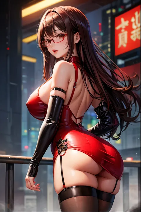 Taiwanese Idol　Mature Woman　Brown hair with bangs　Rimless glasses　Big eyes　Turn around with your back　Bright red rouge lips　Big Breasts　Super Shiny Enamel Chinese Dress　garter belt　Enamel stockings　Knee-high boots　Heavy rain at dawn in a cyberpunk cityscap...