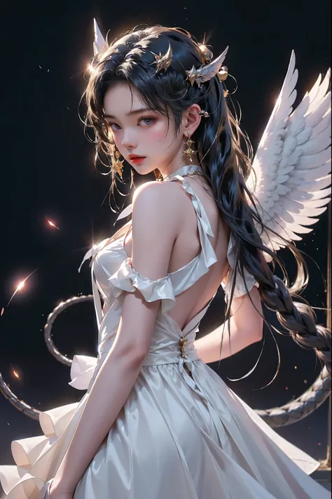 A stunningly detailed high-resolution image of a woman with an angel and demon perched on her shoulders. The angel, with a halo and white wings, whispers good idea into her ear, while the demon, adorned with a snake-like tail and black wings, suggests a ba...