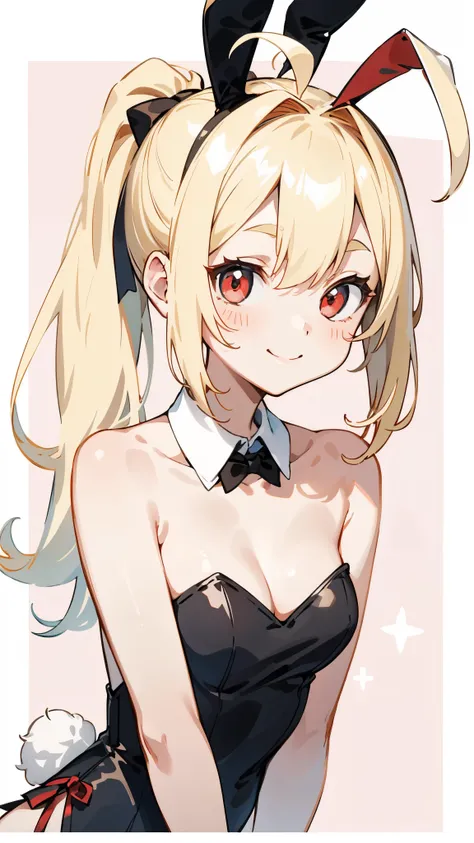 １girl、Blonde ponytail、Ahoge、Big round red eyes、Two Corners:1.0、(Playboy Bunny, Bunny ears, Exposing shoulders, Bare arms:1.0)、smile、Upper body close-up、Cinematic light, studio