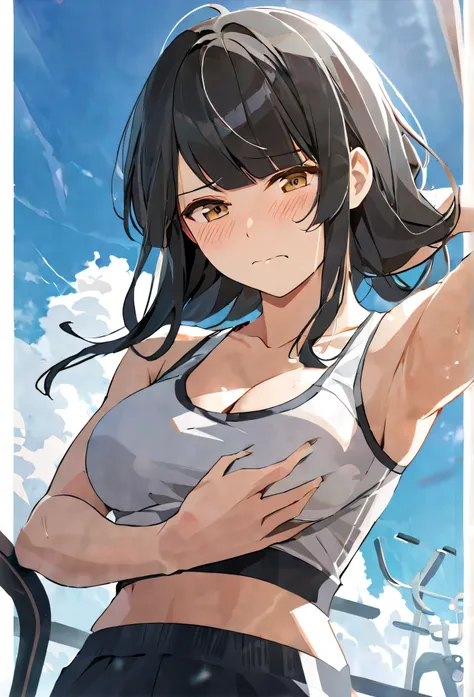 masterpiece,best quality, solo, eda, bangs, black hair, blue sky,cloud, shy expression, blushing expression, embarrassed expression, medium breast, hot, thicc, she is grabing her chest, she is embarassed , she has a medium chest, she is wearing a gym outfi...