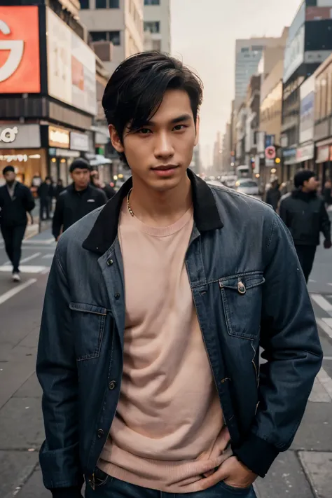 young East Asian male model with smooth, fair skin and a slight smile. He has short, styled black hair with a slight wave and almond-shaped eyes. His nose is small and straight, and his lips are thin and naturally pink. The young East Asian male model is s...