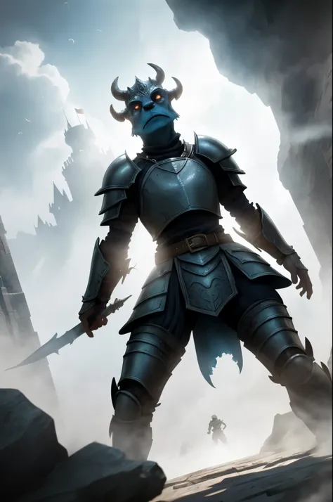 dungeons and dragons epic movie poster dragonborn wearing plate armor marching into battle (windy dust debris storm:1.1) volumetric lighting fog depth mist pass z pass fantasy stone castle bright morning sunlight from side, (masterpiece) (best quality) (de...