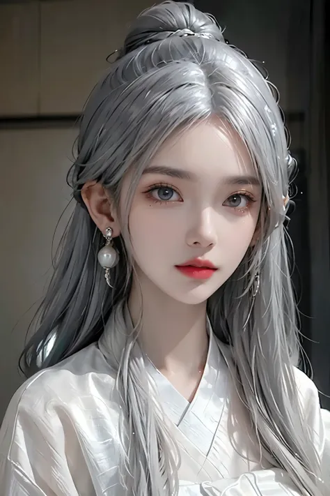 realistically, high resolution, rich and colorful, 1 girl, Solitary, beautiful eyes, Long gray hair,  Gorgeous accessories, Wear pearl earrings