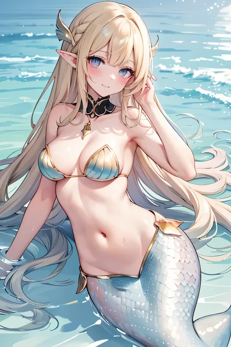 ((Best quality, 8k, Masterpiece: 1.3)), Slim abdomen, blonde hair, hair behind ear, long hair, big hair, wet hair, star hair ornament, upturned eyes, pointy ears, light smile, ((mermaid)), The lower body is a fish tail, bikini, sitting on the reef, beautif...