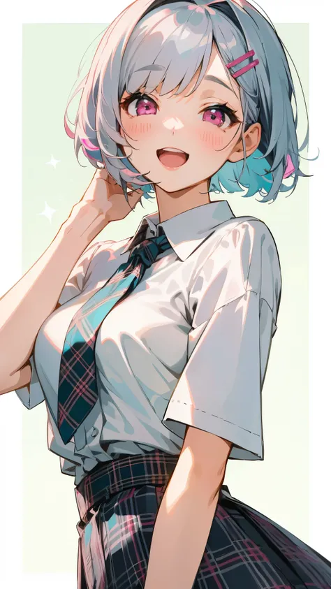 １girl、Silver and bob short hairstyle、Tie your hair up with a hair clip、Pink Eyes、white blouse shirt、Tartan Check Skirt、Upper body close-up、Laughter、Open your mouth、Fresh green park background、Background Blur、Depth of the drawn border