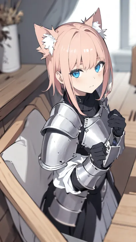 1Lady, short pink hair, blue eyes, wearing armor, room, high res, ultrasharp, 8K, masterpiece, looking at viewer, absurdres, Knight