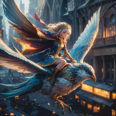 A mesmerizing fantasy painting of a young girl gracefully riding on a majestic, multi-colored bird. They soar high above a bustling city, with intricate architecture and glowing lights. The girls attire is a blend of medieval and modern styles, with a flow...