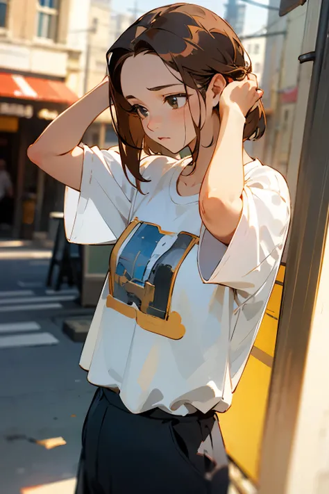 (masterpiece, best quality, detailed:1.3), a girl, expressionless, bob, center part, forehead, brown hair, 
hands on head, 
wide pants, T-shirts, 
outside, standing, on the street, in the city, light watercolor, golden hour, 
BREAK (dynamic angle:1.2)