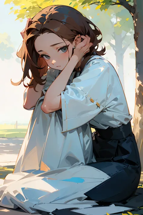 (masterpiece, best quality, detailed:1.3), a girl, expressionless, bob, center part, forehead, brown hair, 
wearing, sitting on the floor, hands on head, dress,  piercing, 
outside, on the park, daytime, watercolor, 
BREAK (dynamic angle:1.2)