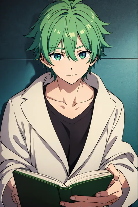 Teenage Boy　Green hair parted in the center　Eye color is green　A smile with a youthful face　Wearing a white coat and holding a book　　Front image　