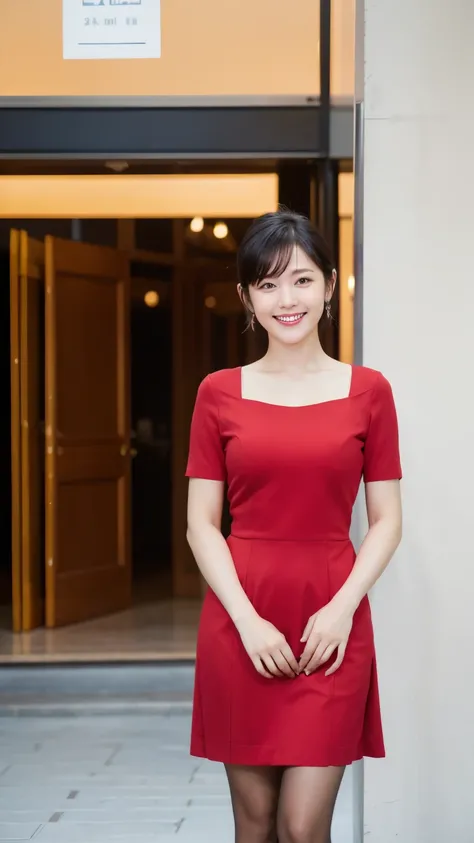 最high quality, In 8K, Masseter region, Vibrant, Sharp focus, high quality, High resolution, Detailed face, Fine grain, Red lips, (Watching the audience), alone, Beautiful woman, 38 years old, (Very short black hair:1.3)、（Bob Hair）、（Standard body shape）、（D ...