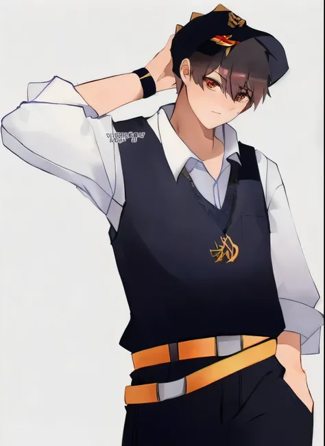 Handsome boy in uniform with hat and belt holding his hand on his head, jk uniform,