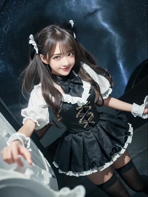 ((masterpiece)), (((highest quality))), ((Very detailed)), ((shape)), ((Disheveled Hair)), Beautiful details, (One Girl:1.2), (alone), Dynamic Angle, Black Magician Girl, (Black knee-high socks:1.1), (Starry sky tornado:1.4), nebula, ((Frills)), ...