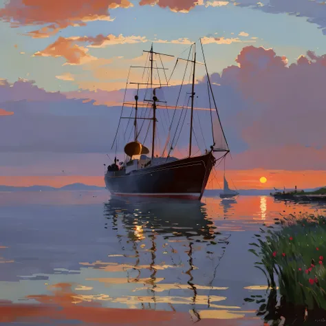 An Impressionist painting, capturing a boat gently bobbing on the water under a radiant red sunset - a masterpiece by Claude Monet, renowned Impressionist artist. This exquisite piece, styled in the distinct Impressionism manner, is reminiscent of Monets s...