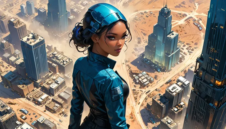 (best quality,realistic),detail face,detail eye,(in style of Brian Stelfreeze:1.4),Jeremy Mann,skyscraper,wasteland,looking_down,foreshortening,solo focus,(futuristic art style:1.2),(sci-fi art:1.5),from_above,1girl,jacket,leather pants,