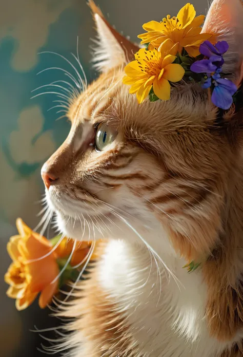 a close-up of a cat's side profile, his hair into flowers, colorfulprofile view, double exposure