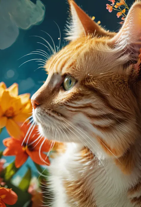 a close-up of a cat's side profile, his hair into flowers, colorfulprofile view, double exposure