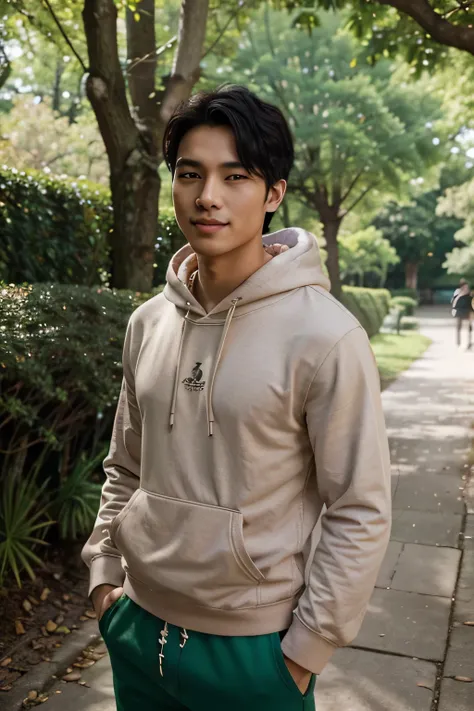 A close-up shot of a young East Asian male model with smooth, fair skin and a slight smile. He has short, styled black hair with a slight wave and almond-shaped eyes. His nose is small and straight, and his lips are thin and naturally pink. The model is wa...