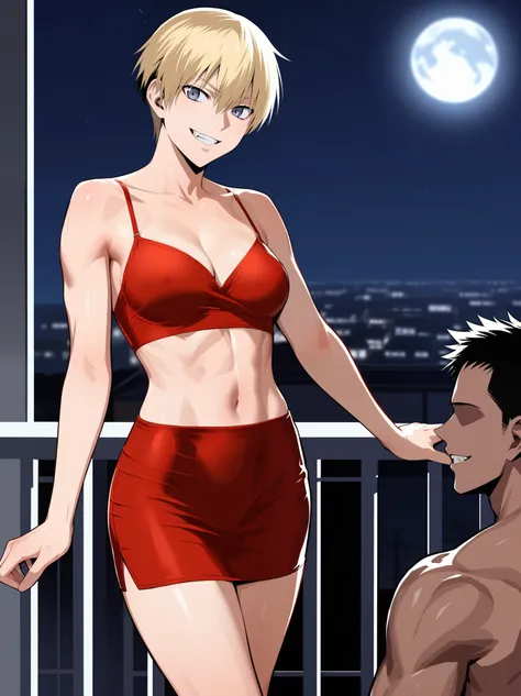 score_9, score_8_up, source_anime, standing, hellsing, seras, blonde hair, nude, indoors, night, night sky, nighttime, vampire, smirk, fangs, ikuchan, balcony, town background, clothed, male wearing shorts, muscular male, medium breasts, boyfriend, couple,...