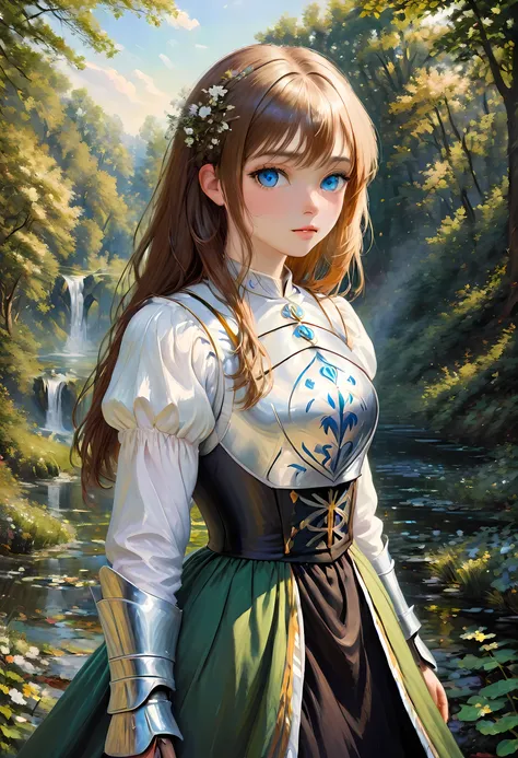 (Claude Monet Style:1.5) Claude_Monet style painting, a picture of woman paladin of nature protecting the forest, a woman knight, black hair, long hair, full body (best details, Masterpiece, best quality :1.5), ultra detailed face (best details, Masterpiec...