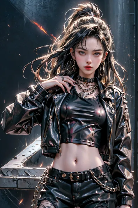 High quality, high resolution, masterpieces, real photos of the best live performances. Heavy metal, biker chick with chains and spikes, ferocious look, strong female rock star only focus, black leather, wearing black leather jacket and ripped jeans, dark ...