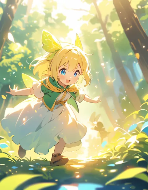 atmospheric perspective, depth of field, cinematic lighting, sparkle, f/2.8, 135mm, UHD, retina, high details, high quality, highres, best quality, 4K、In a fantastic forest、fairy girl、Blonde、Blue Eyes、A fantastic outfit based on white、A fantastic atmospher...