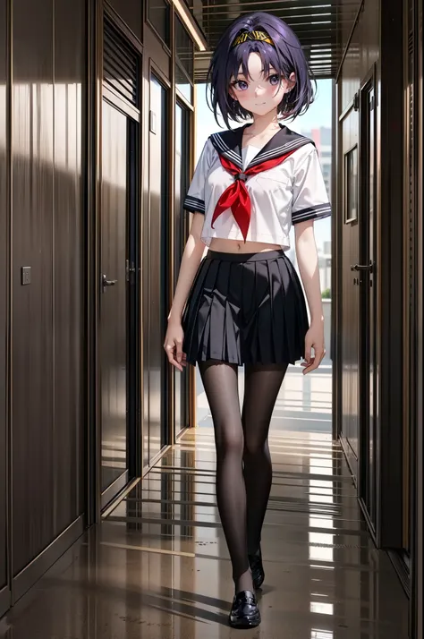 yuukikonno, Yuki Konno,Black Hair,short hair,Bob Hair ,Green headband,(iris:1.5), (Small breasts:1.2), smile,Japanese schoolgirl(Black Sailor Suit),Short sleeve,Black pleated skirt,Black pantyhose,Brown Loafers,whole bodyがイラストに入るように,walk,
break outdoors,  ...